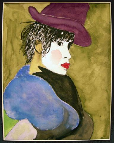 Watercolor Painting on Paper entitled 'Girl Wearing a Purple Hat'