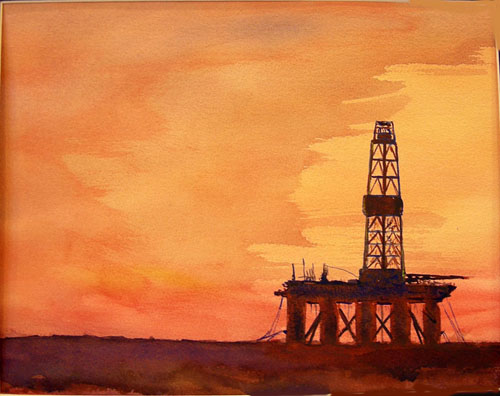 Watercolor Painting on Paper entitled 'Rig at Sunset'